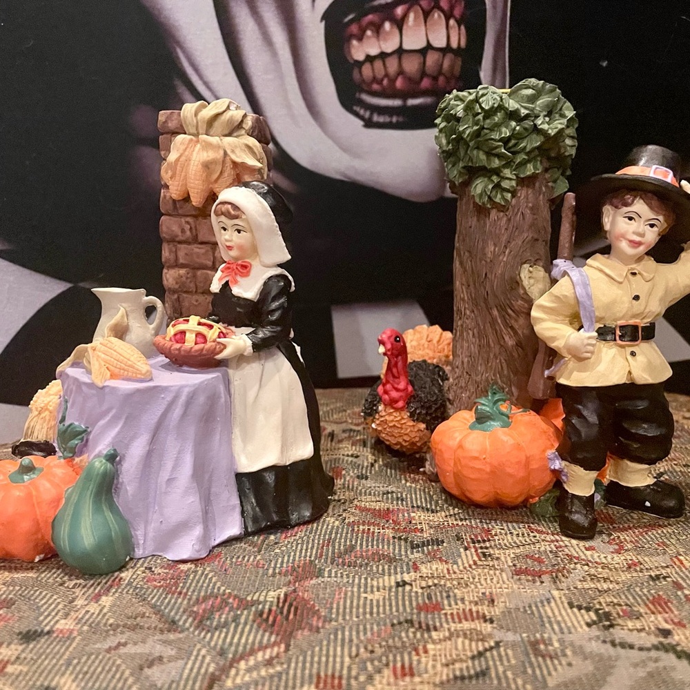 Hand-Painted Pilgrim Thanksgiving  Candleholders Set 5”